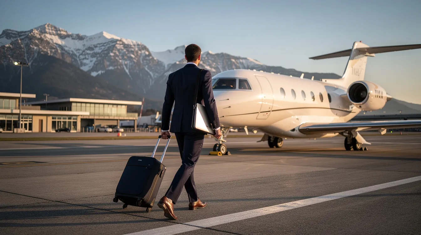 A business professional in a suit walks confidently toward a sleek Cirrus Vision Jet at a clean regional airport, with majestic mountains rising in the background. The modern design of the single-engine personal jet reflects advanced safety features and offers a spacious cabin for comfortable travel.
