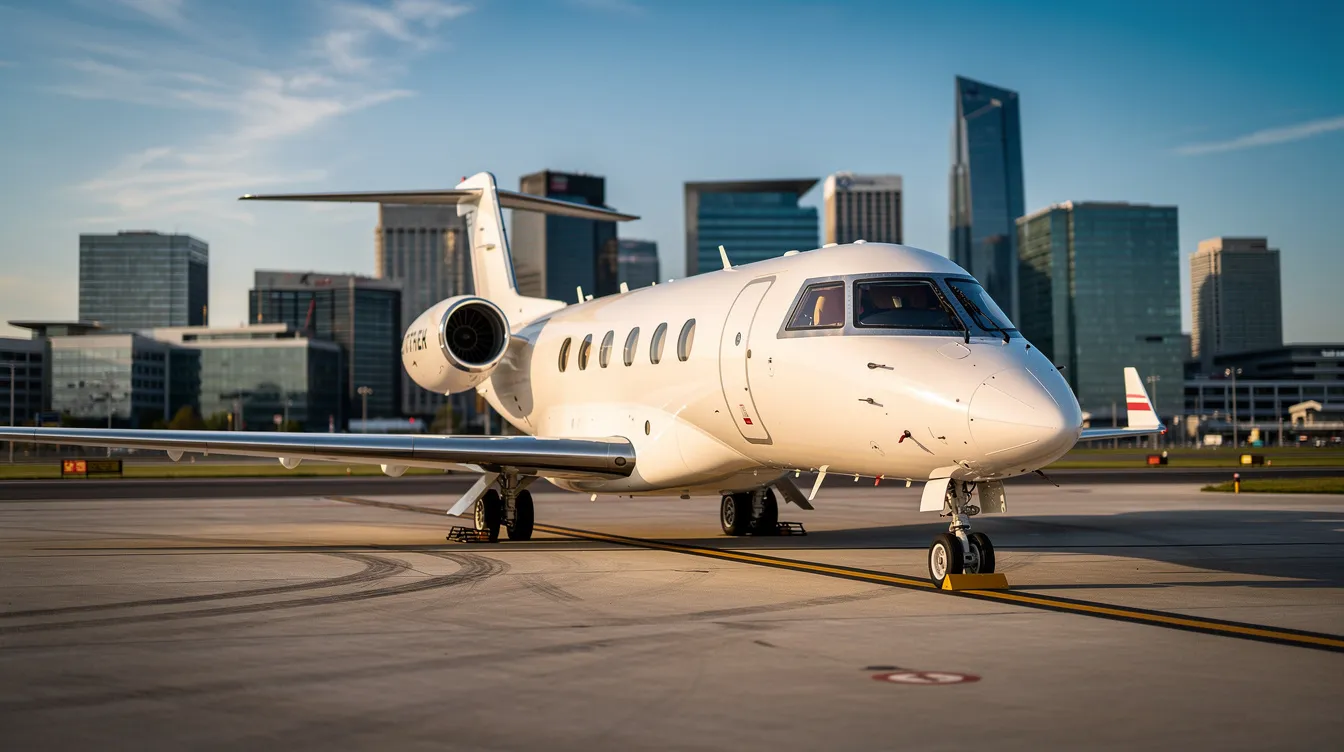 A sleek private jet is parked on a tarmac, with a modern city skyline visible in the background under a clear blue sky, symbolizing the advancement of urban air mobility and the future of transportation. This scene reflects the potential of electric vertical takeoff and landing (eVTOL) aircraft in urban environments, showcasing a new era of efficient air travel.