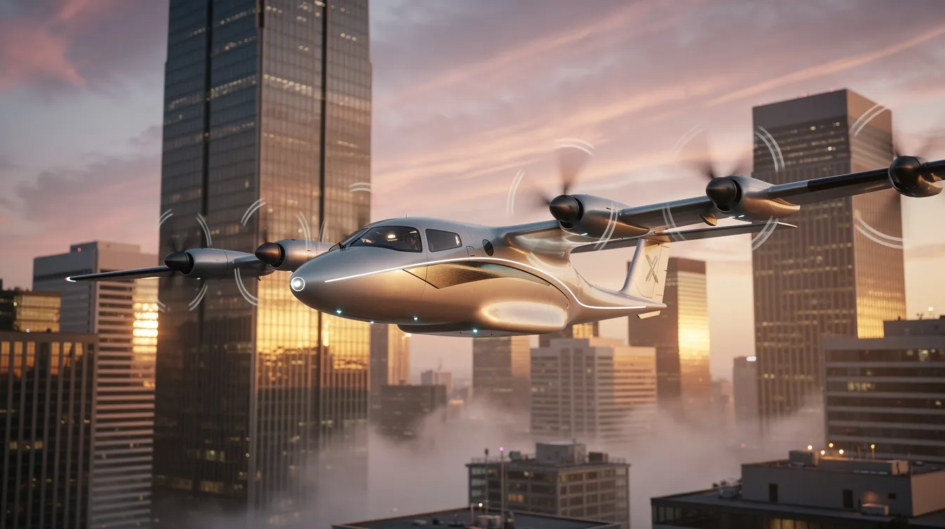 The image depicts a sleek electric vertical takeoff and landing (eVTOL) aircraft with multiple rotors hovering above a modern city skyline during sunset, symbolizing the future of urban air mobility and advanced air mobility solutions. This innovative design showcases the potential for air taxi services in urban environments, emphasizing electric propulsion and the shift towards sustainable transportation.