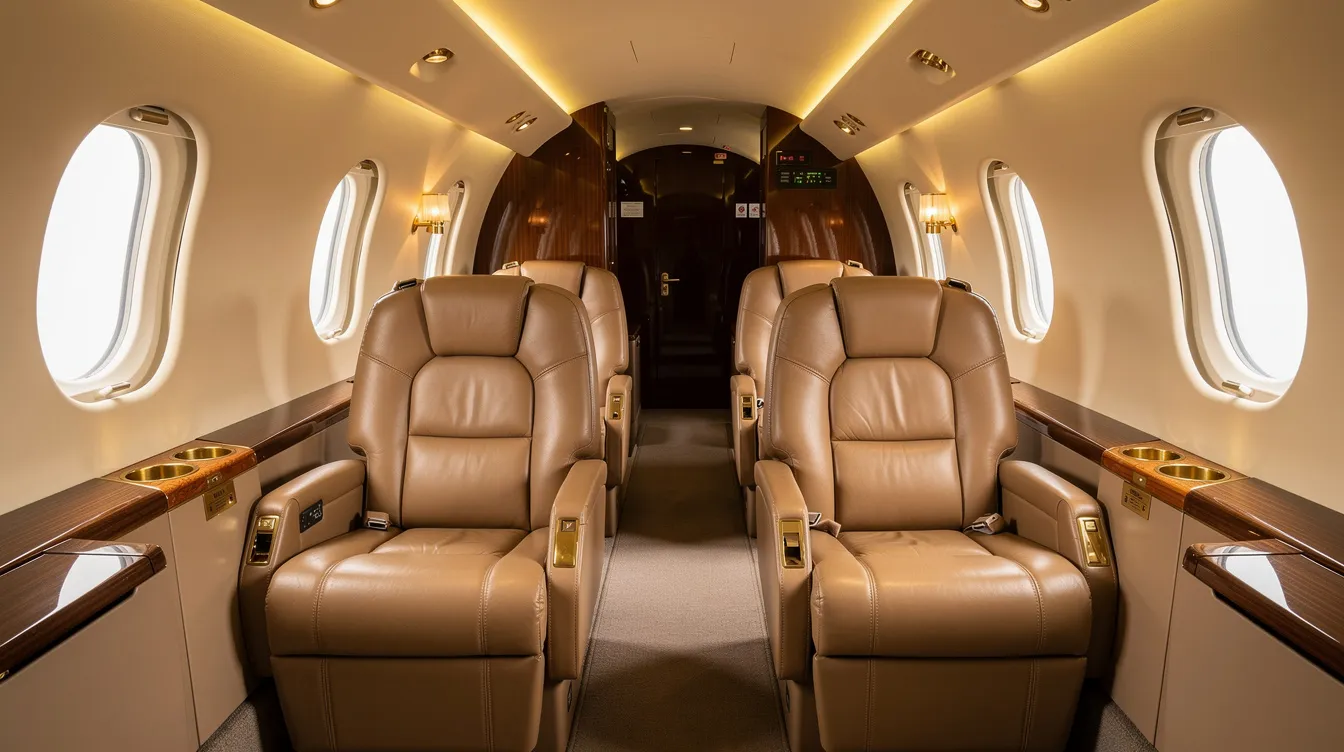 The image depicts a luxurious private jet cabin featuring spacious leather seats arranged with wide aisles and illuminated by warm lighting, creating an inviting atmosphere for travelers. This setting exemplifies the comfort and exclusivity associated with semi private jet flights, making it an ideal choice for those seeking a more personalized flying experience.