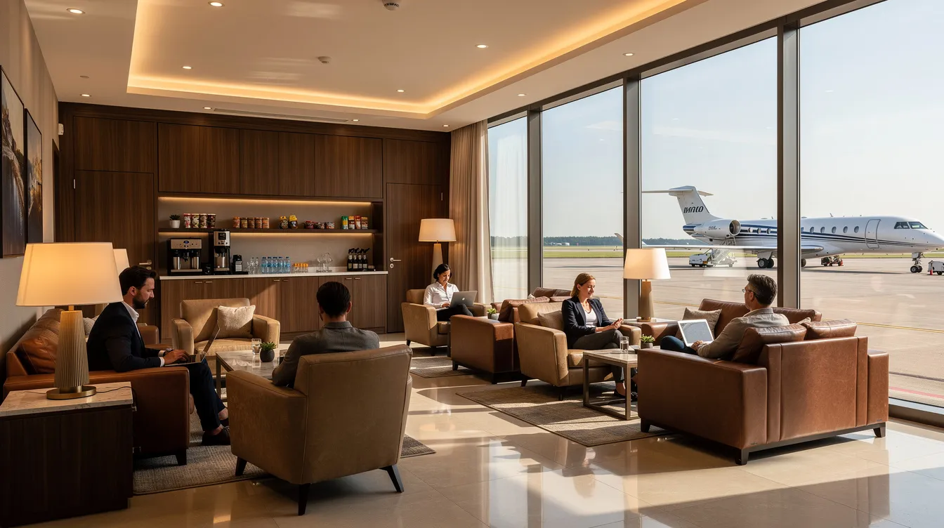 The image shows passengers relaxing in a small private aviation lounge with floor-to-ceiling windows that provide a view of a runway, highlighting the comfortable atmosphere typically found in private jet travel. This semi private lounge offers fewer passengers and a more personalized service compared to commercial airlines, making it an ideal space for business travelers and frequent flyers.