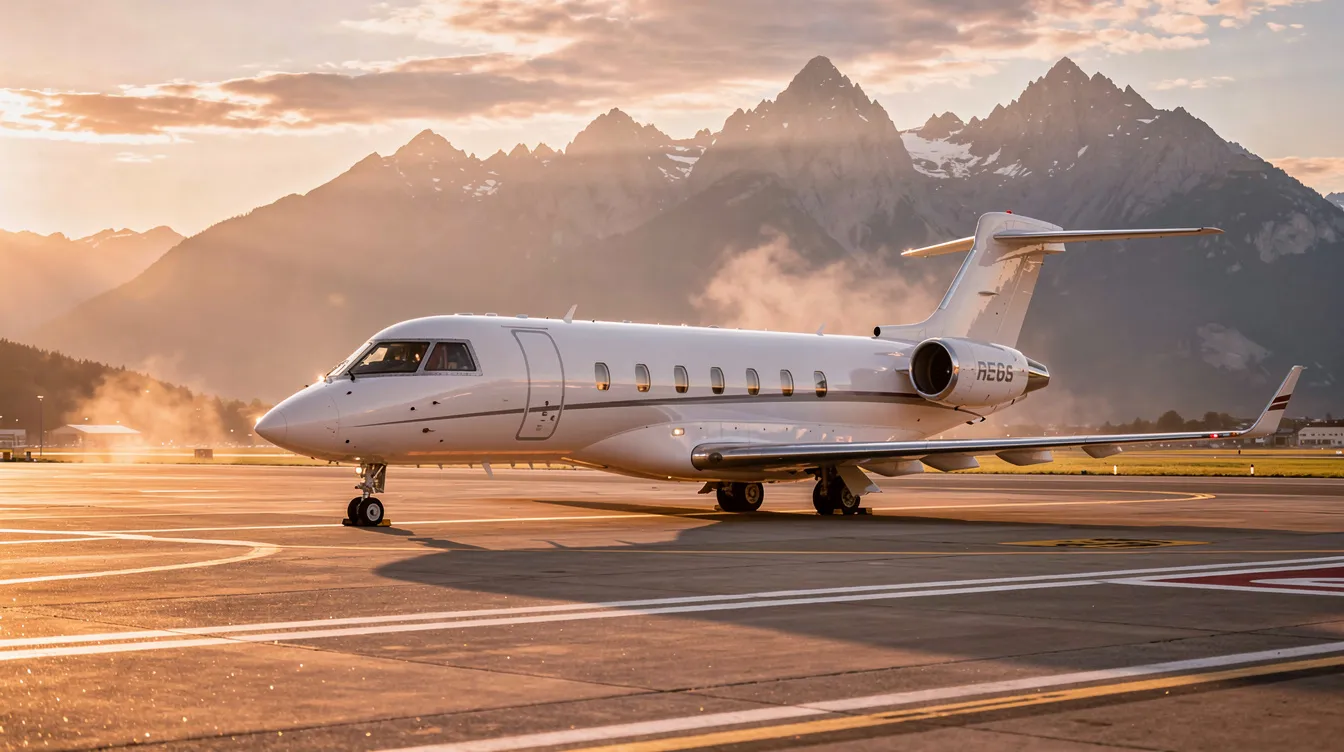 A sleek business jet is positioned on a runway during golden hour, with majestic mountains creating a stunning backdrop. This scene captures the essence of private aviation, offering a glimpse into the luxurious world of semi private flights and exclusive travel experiences.