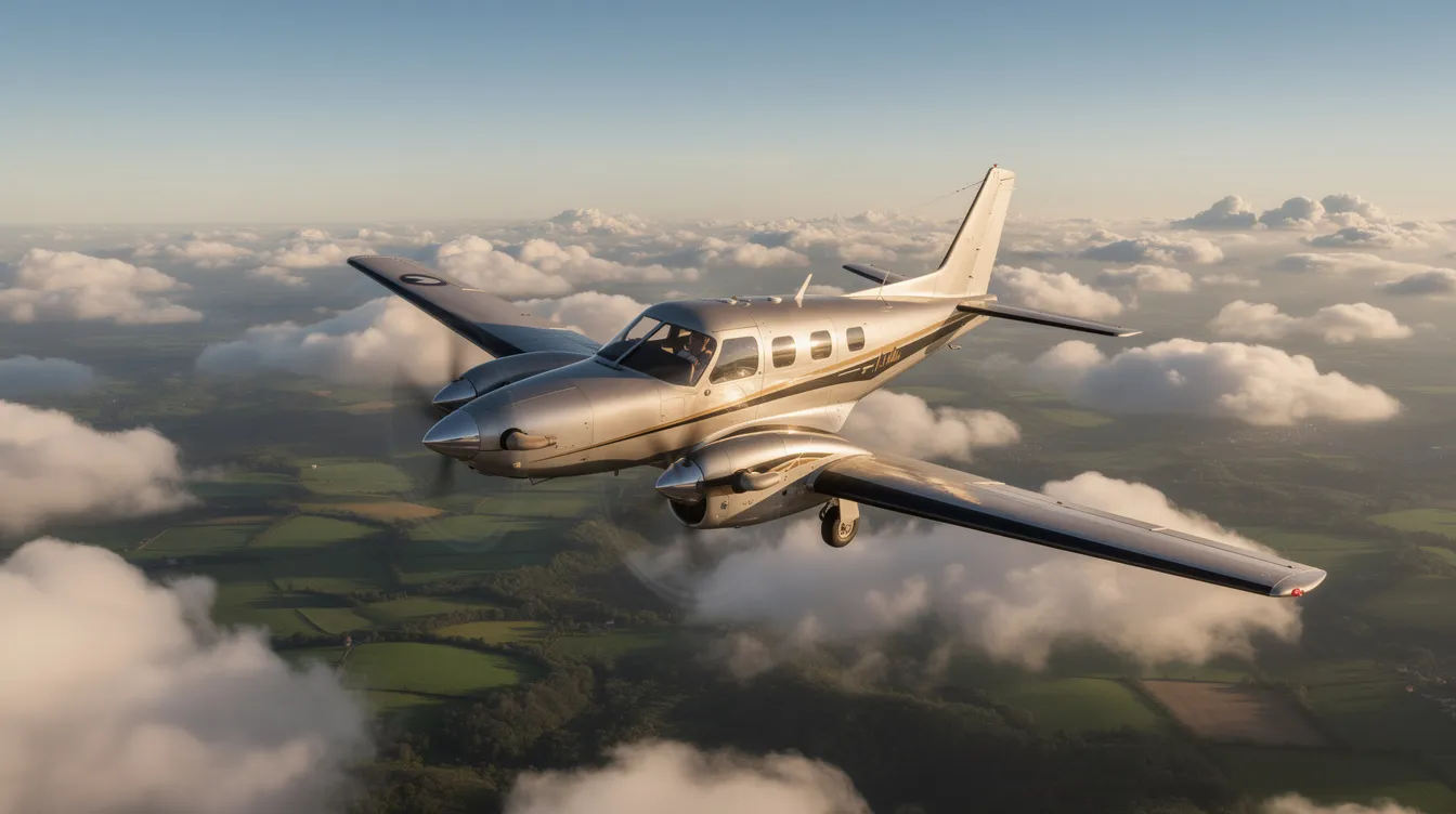 A single-engine turboprop aircraft soars gracefully above a layer of scattered white clouds, with lush green countryside sprawling below. This scene captures the essence of private air travel, highlighting the smooth flight experience that appeals to both business and leisure travelers.