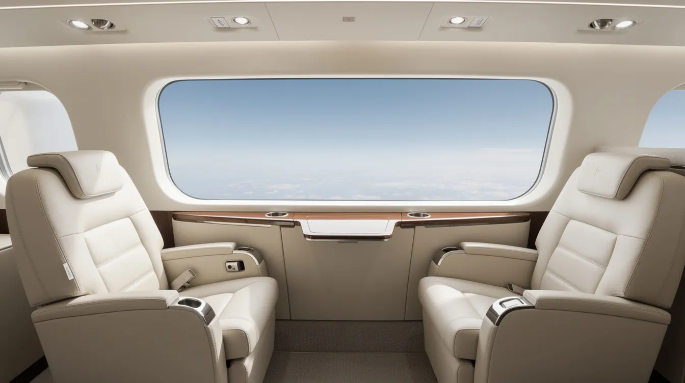 The image depicts the interior of a very light jet cabin, featuring four cream leather seats arranged to face each other, creating a cozy atmosphere for business and leisure travelers. A panoramic window offers a stunning view of the blue sky, highlighting the luxurious and spacious design typical of private jet travel.