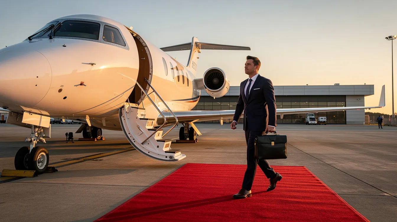 A business professional in a dark suit steps out of a small private jet onto a red carpet at a private terminal, highlighting the luxurious experience of private air travel. This scene showcases the appeal of economical private jets for business and leisure travelers seeking personalized service and convenience.