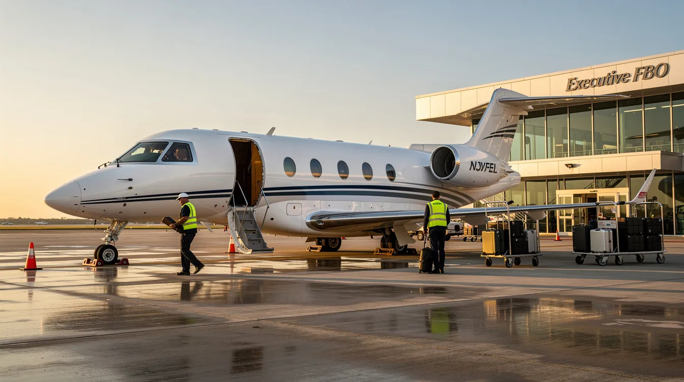A private jet is parked at a fixed-base operator (FBO), surrounded by ground crew and luggage carts, highlighting the convenience of private aviation. This scene emphasizes the operational aspects of private jet travel, including aircraft availability and ground transportation logistics.