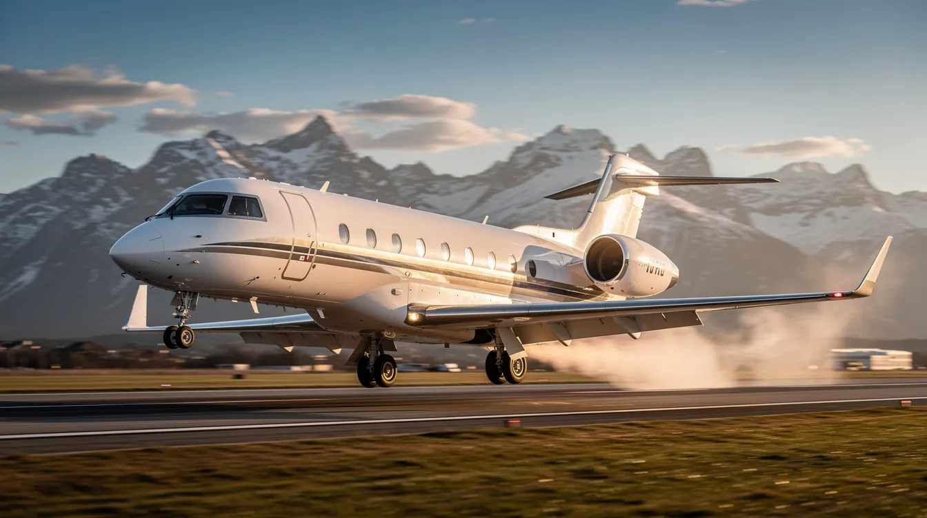 A sleek private jet is taking off from a runway, with majestic mountains in the background, showcasing the elegance of private aviation. This image captures the essence of private jet travel, highlighting the aircraft's streamlined design and the freedom of flying above breathtaking landscapes.