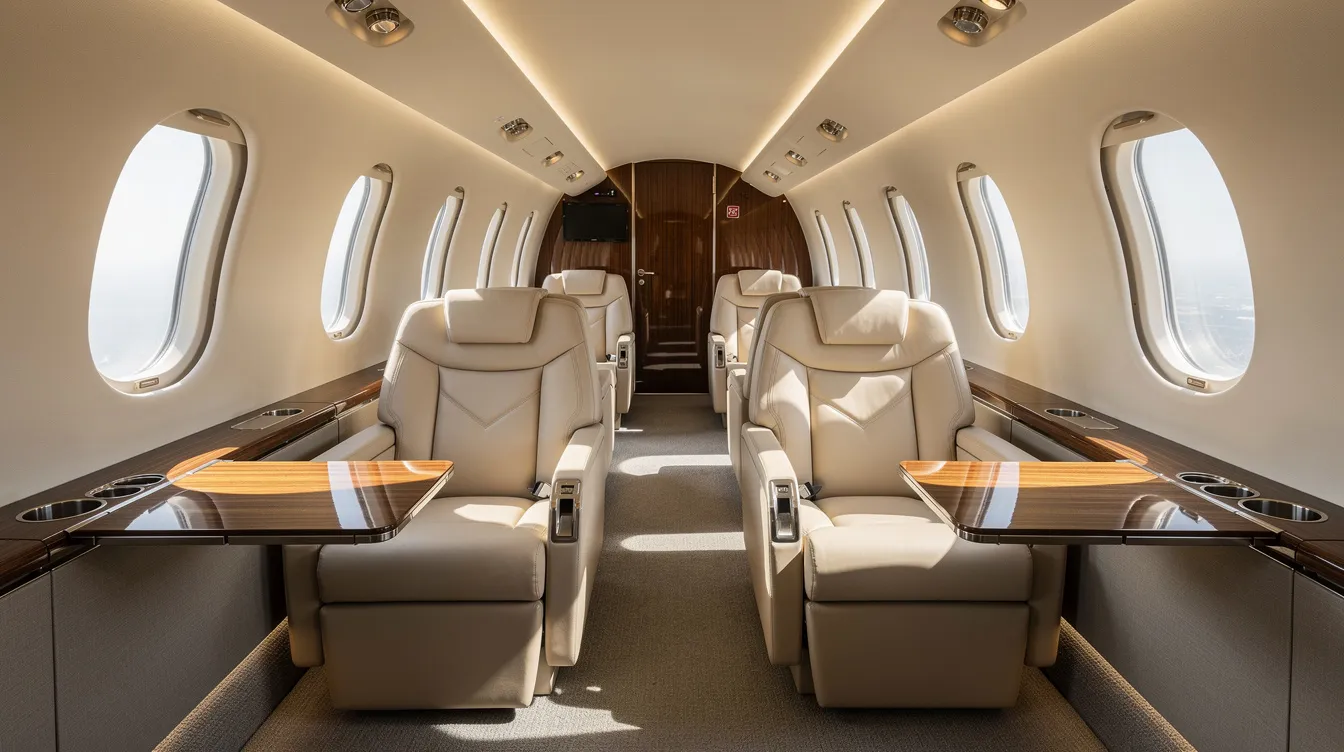 The image showcases the interior of an Embraer Phenom 300 light jet cabin, featuring luxurious leather club seating and large oval windows that flood the space with natural light, emphasizing the comfort and elegance typical of the best-selling light jet. The cabin is designed to accommodate passengers with ample volume, making it ideal for both business and leisure travel.