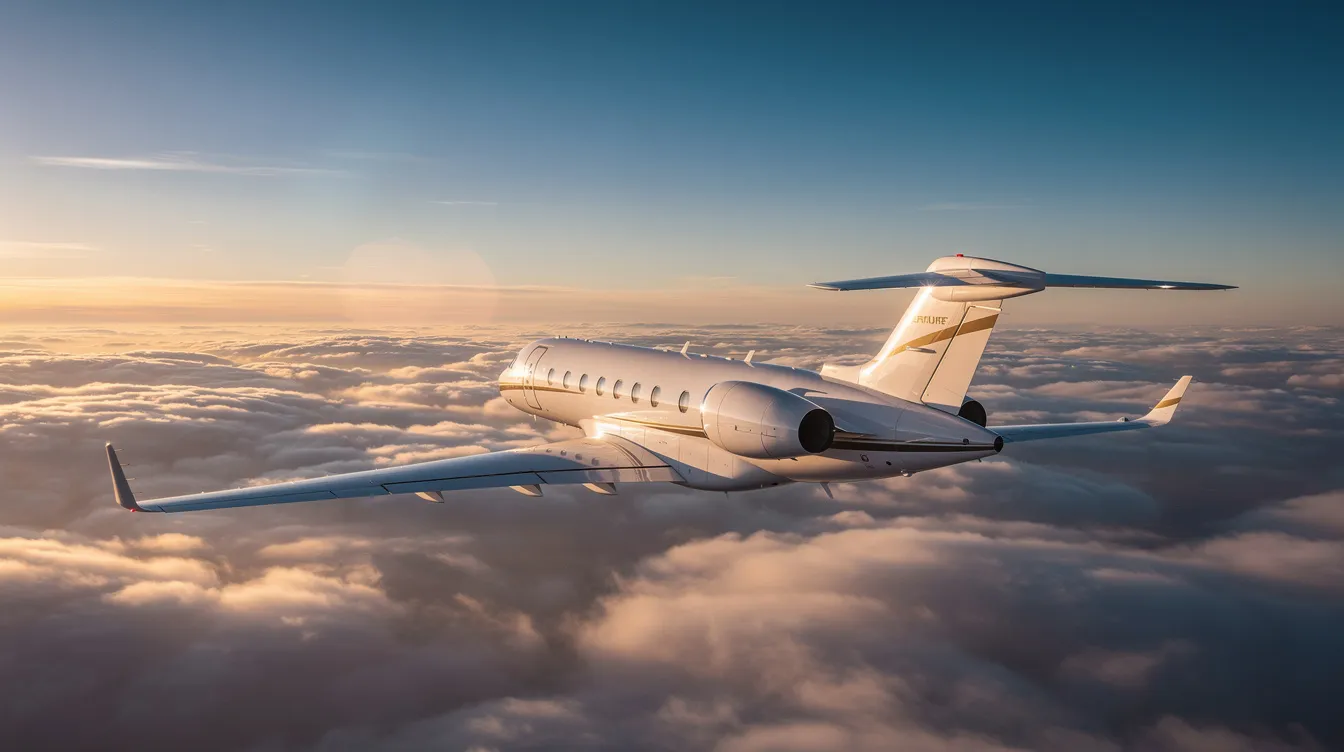 A sleek Embraer Phenom 300 private jet soars above a sea of fluffy clouds during the golden hour, with a clear blue sky above. This best-selling light jet, known for its impressive maximum range and single pilot operations, showcases its elegance and performance in the evening light.