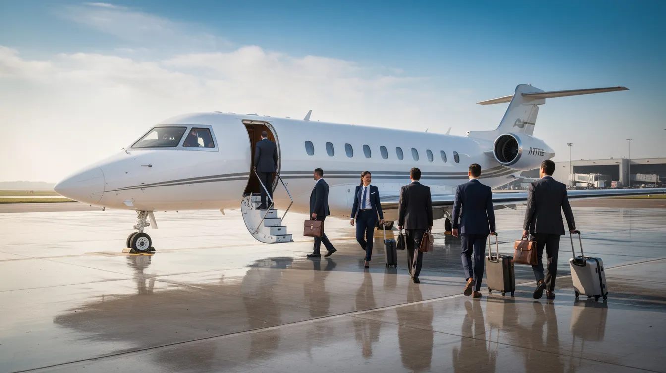 A group of business professionals in tailored suits walks confidently toward a sleek midsize private jet on a pristine airport tarmac under a clear blue sky, showcasing the appeal of private aviation for both business and leisure travelers. This scene highlights the allure of popular private jets, emphasizing their luxurious amenities and advanced technology.