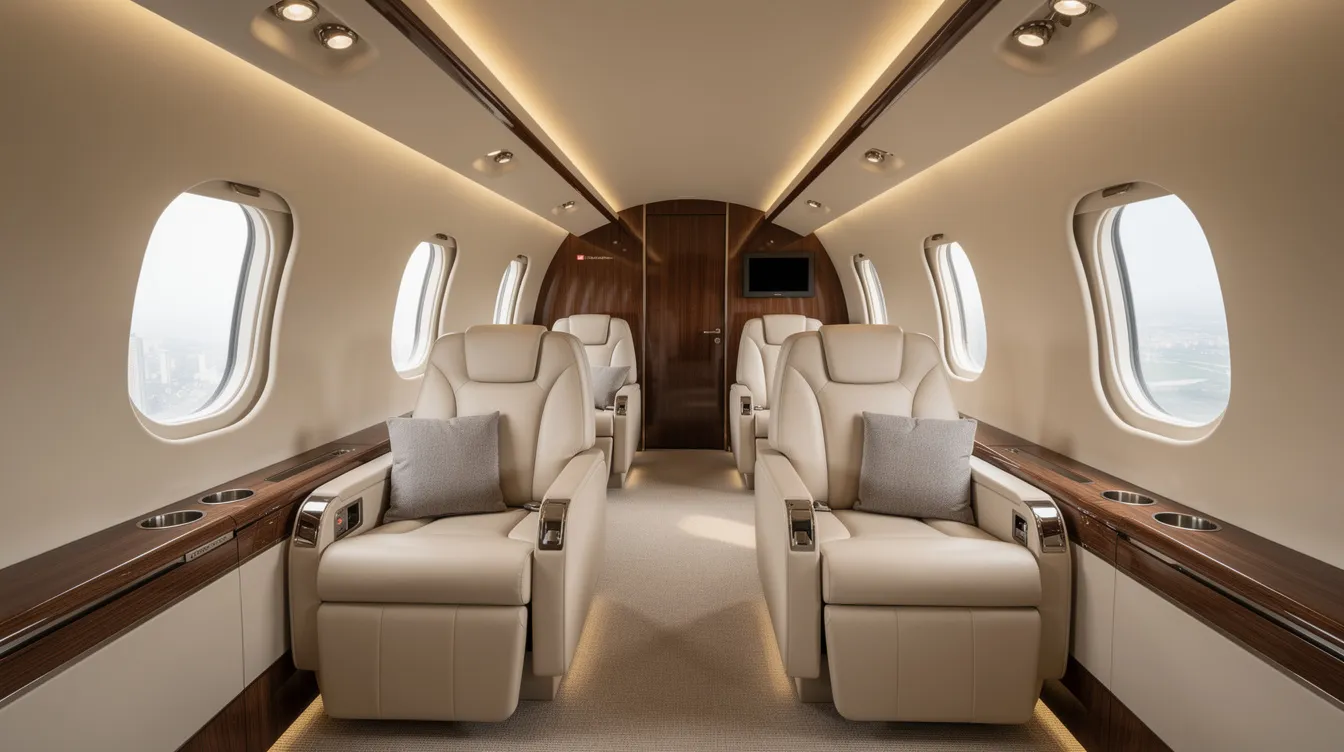 The image showcases the interior of a wide-body private jet cabin, featuring plush seating, large oval windows, and warm ambient lighting, creating an atmosphere of unparalleled luxury and comfort for business and leisure travelers. This spacious cabin is designed with distinct living spaces, offering a quiet environment ideal for extended flights or business meetings.