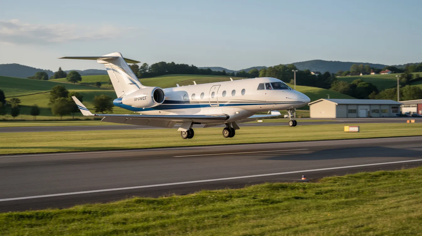 A small light business jet is taking off from a compact regional airport runway, surrounded by lush green landscapes. This scene highlights the appeal of private aviation and the versatility of popular light jets, catering to both business and leisure travelers.