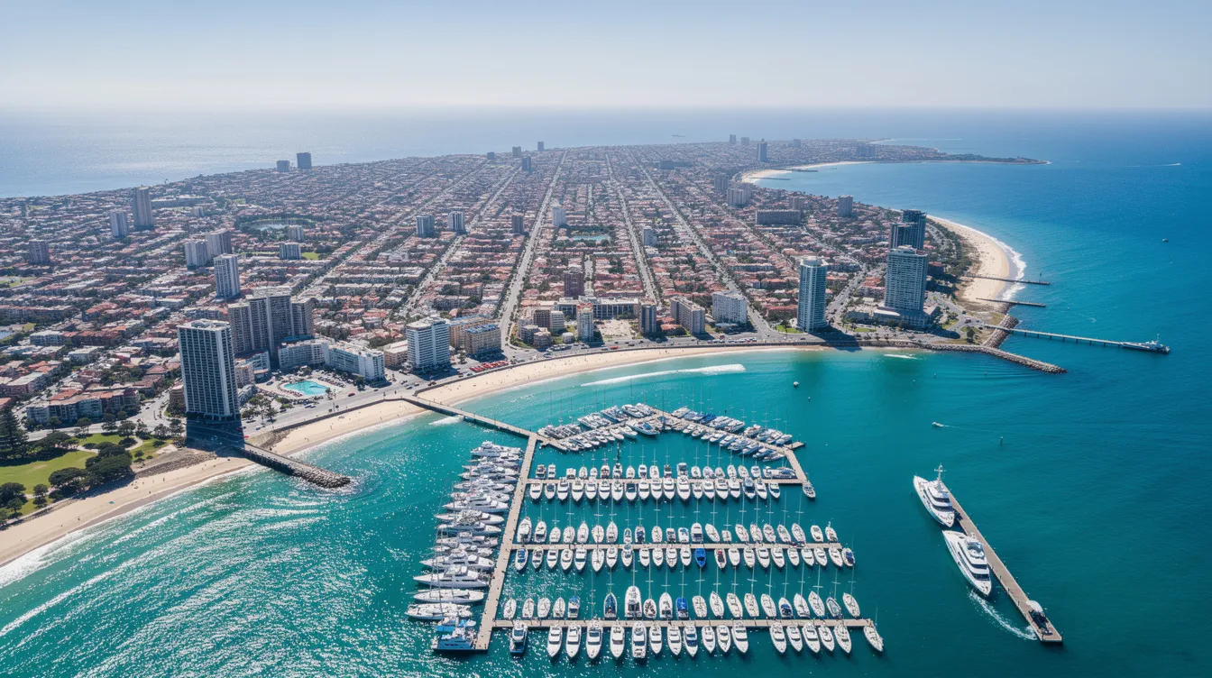 An aerial view captures a vibrant coastal city with shimmering turquoise waters and a bustling marina filled with white boats. This picturesque scene highlights the allure of private jet travel, offering an efficient alternative for reaching stunning destinations like this with private jet charter services.