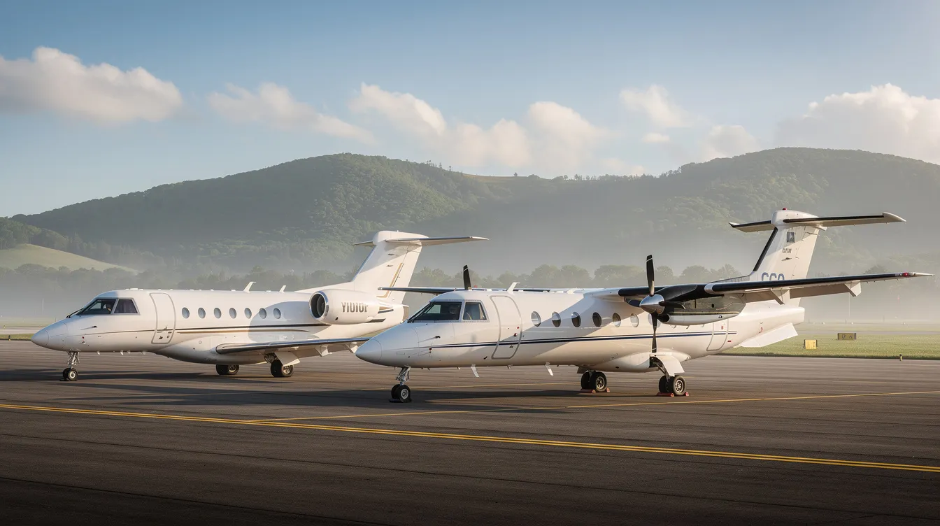 The image depicts two small private jets and a turboprop parked side by side at a regional airport, with lush green hills in the background. This scene highlights the convenience of private jet travel, showcasing the aircraft types available for charter flights in picturesque settings.