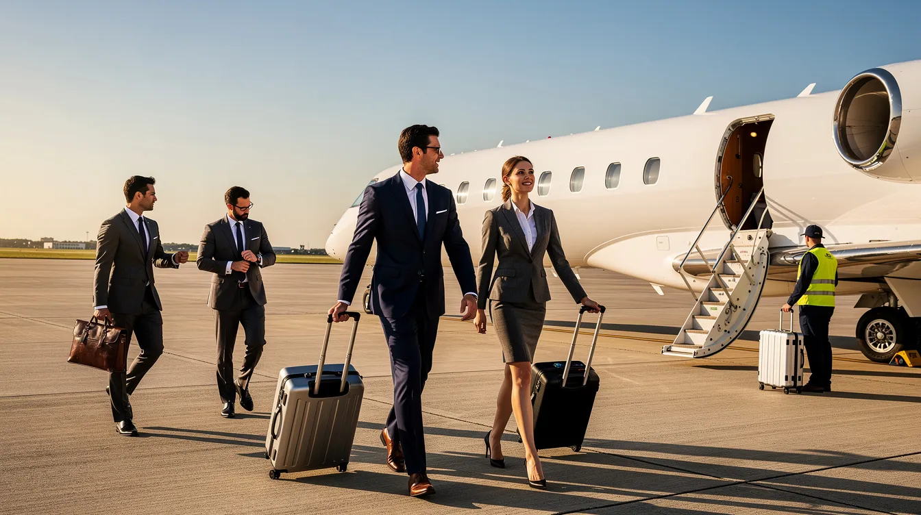 A group of business professionals in tailored suits is walking towards a private jet on a sunny tarmac, while luggage is being loaded onto the aircraft. This scene highlights the convenience and luxury of private jet travel, often associated with private jet charter services and their costs.