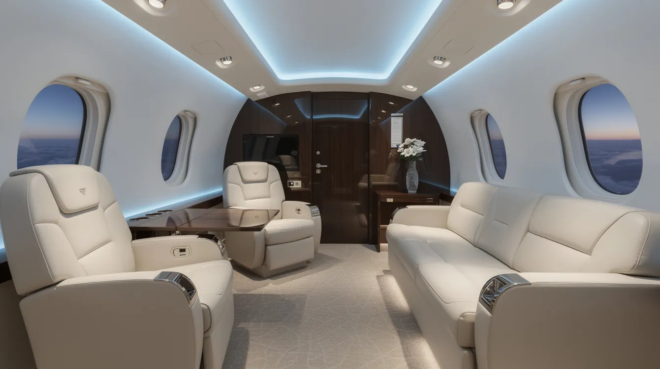 The image showcases the interior of a luxury large cabin private jet, featuring plush cream leather seating and ambient blue mood lighting, creating an elegant and inviting atmosphere for private travel. This sophisticated design highlights the comfort and style associated with the private jet market.