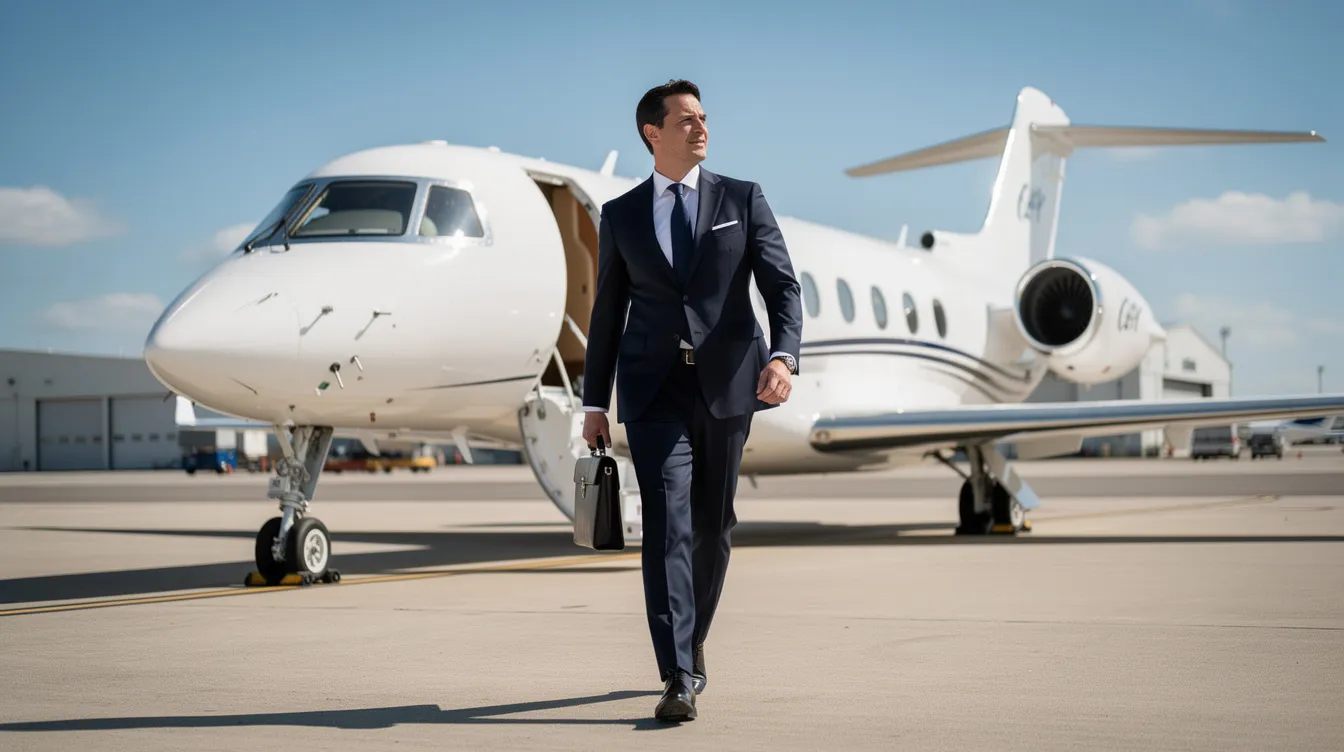 A confident business executive in a tailored suit approaches a luxury private jet on a clear day at a private airport apron, embodying the allure of the private aviation market and the convenience of private travel for business missions. This scene highlights the appeal of private jets for sale, emphasizing the modernity and sophistication of business aviation.