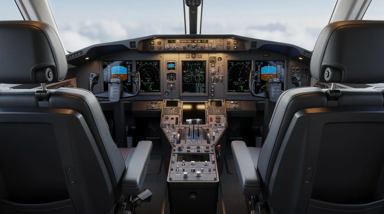 The image depicts a modern glass cockpit inside a business jet, featuring advanced digital flight displays and two comfortable pilot seats, ideal for luxury private aviation missions. This high-tech environment is designed for efficient navigation and operation, showcasing the sophistication of today's private jets for sale.