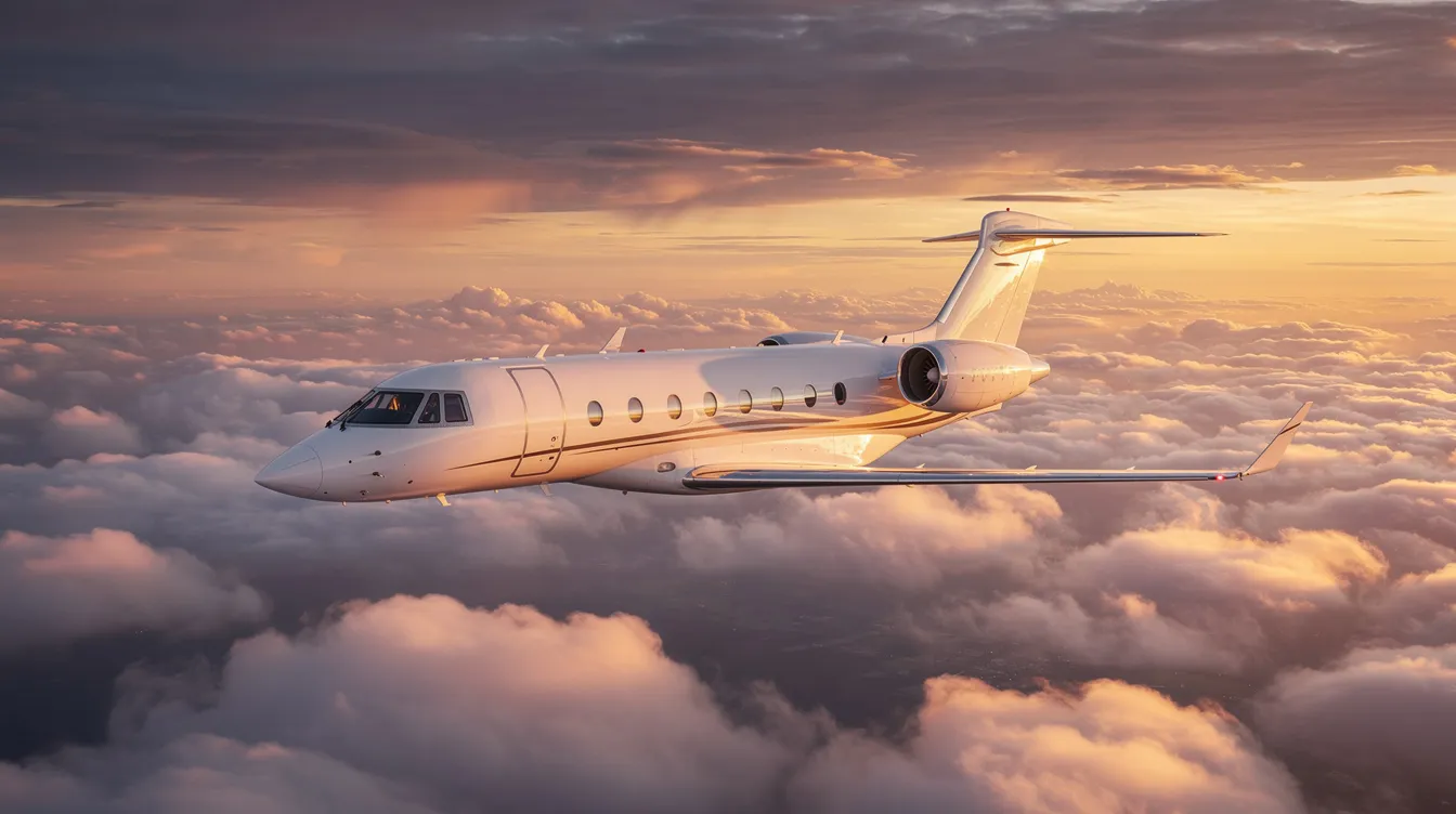 A private jet is soaring above the clouds during sunset, with golden light reflecting beautifully off its fuselage, showcasing the elegance of business aviation. The scene captures the serene beauty of flight, highlighting the luxury and efficiency of this jet aircraft in the vast sky.