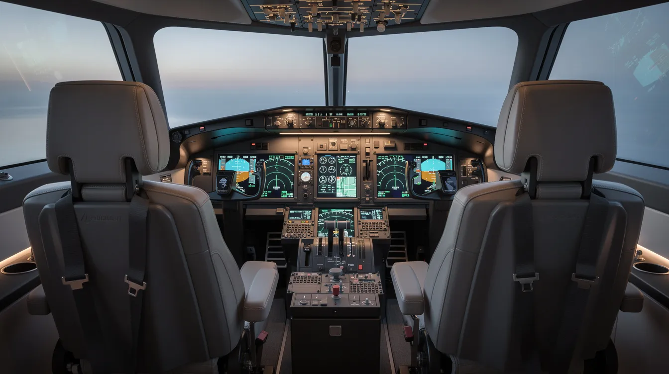 The image depicts a modern business jet cockpit featuring advanced digital avionics displays and dual pilot seats, showcasing the high-tech environment typical of private jet aircraft. The cockpit design emphasizes efficiency and accessibility for pilots, essential in business aviation for intercontinental flights.