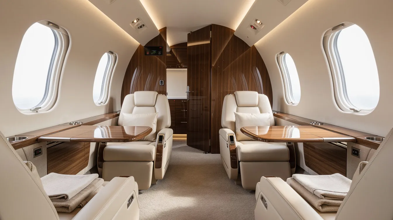 The image depicts the interior of a modern private jet cabin featuring cream leather club seats and elegant wood grain accents, showcasing the luxurious atmosphere typical of business aviation. This spacious cabin is designed for comfort, ideal for intercontinental flights and accommodating passengers with style.