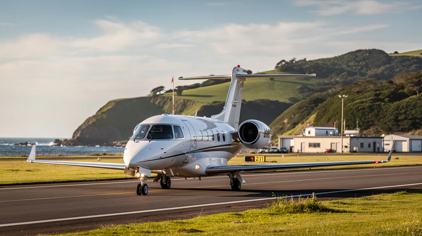 A very light jet is taxiing on a runway at a small coastal airport, with lush green hills in the background. This scene showcases the beauty of private aviation and the convenience of accessing regional airports with economical private jets.