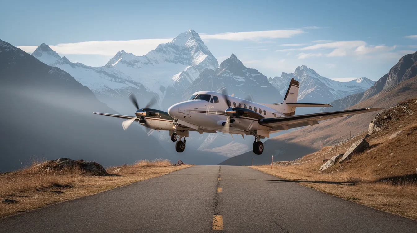 A King Air turboprop aircraft is taking off from a mountain airstrip, with stunning snow-capped peaks in the background, showcasing the beauty of private aviation. This economical private jet is designed for efficiency and accessibility, making it perfect for reaching remote destinations.