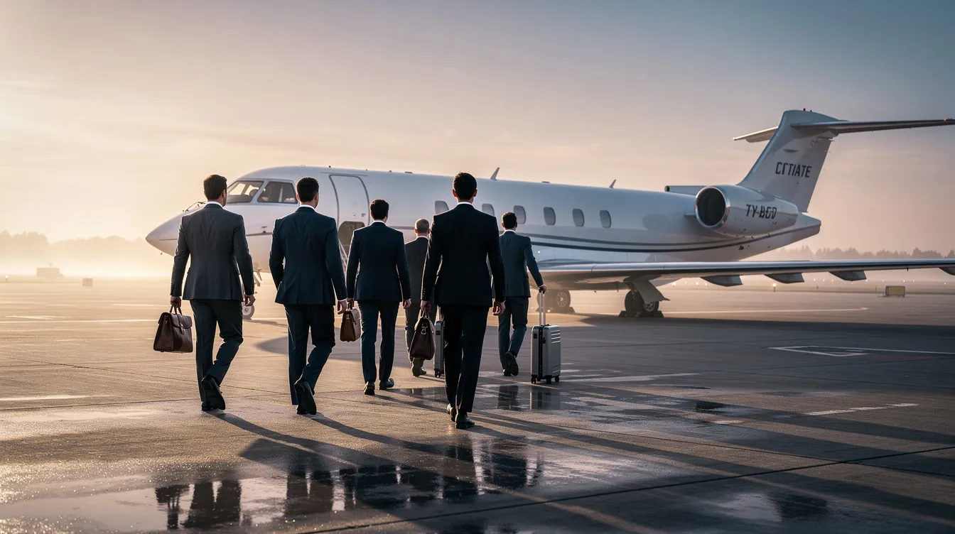 A group of business executives in formal suits walks purposefully towards a sleek private jet on the tarmac, illuminated by the soft glow of early morning light. This scene captures the essence of private aviation, showcasing the convenience and luxury associated with private jet travel.