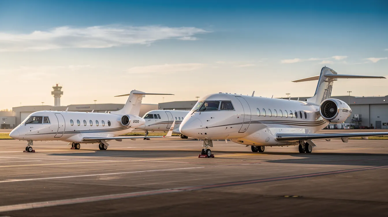 The image shows three private jets of varying sizes parked on an airport ramp, showcasing a small light jet, a mid-sized jet, and a large heavy jet. This diverse fleet highlights the options available for private jet charter services, catering to different travel needs and preferences for both business and leisure travelers.