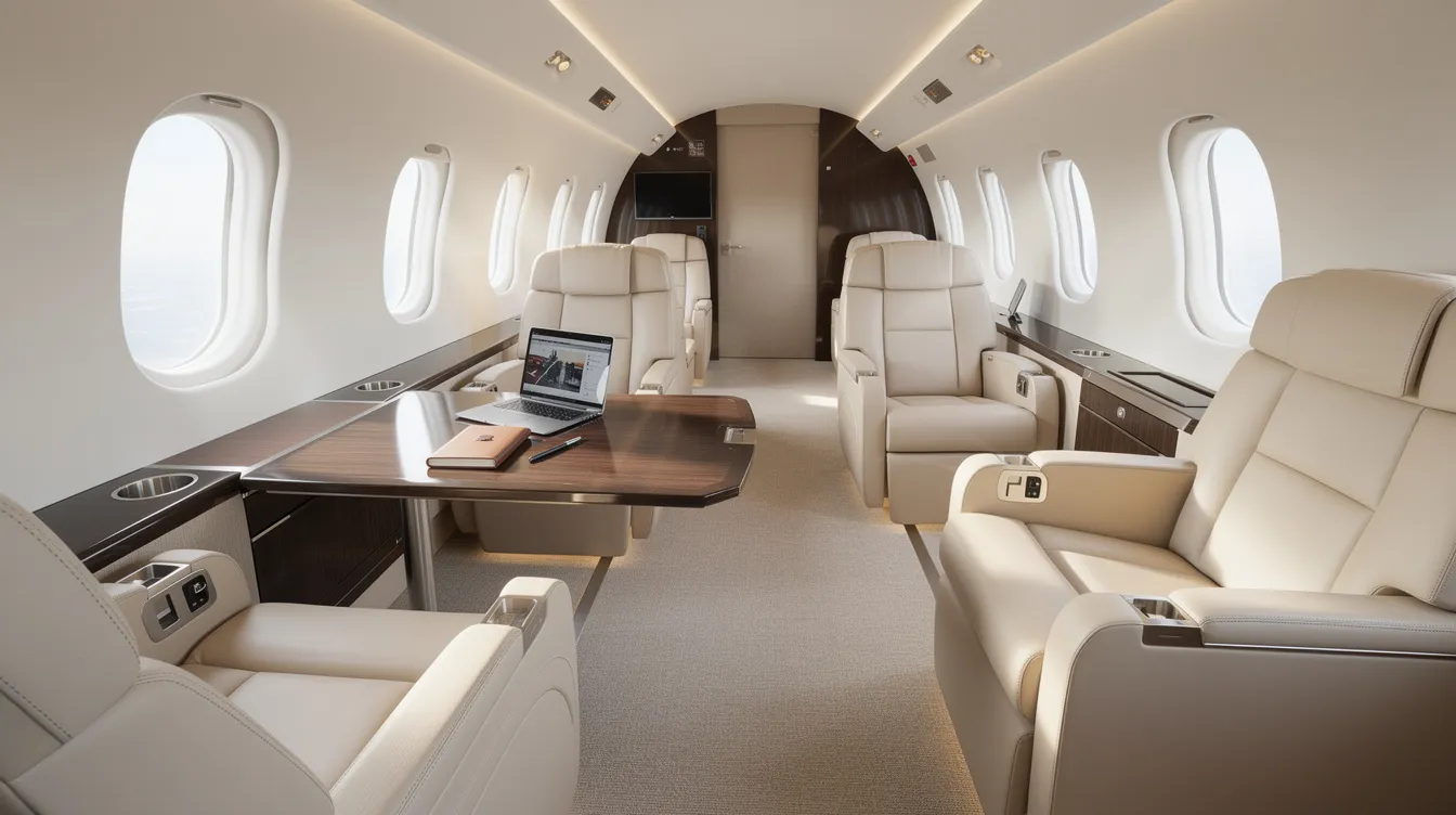 The image depicts the interior of a modern private jet cabin featuring plush leather seats, a stylish work table, and bright natural light streaming through oval windows, creating a luxurious and comfortable environment for private jet travel. This design exemplifies the high standards of private aviation, catering to the needs of travelers seeking personalized itineraries and seamless travel experiences.