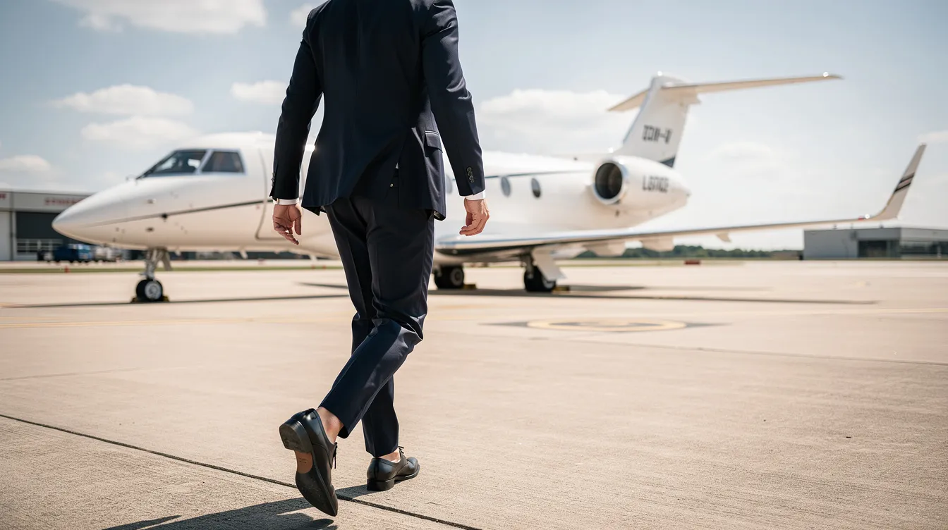 A business professional in a tailored suit walks confidently toward a sleek private jet on a sunny tarmac, highlighting the luxury and convenience of private jet charter services for seamless travel experiences. The scene captures the essence of business travel, emphasizing the ease of accessing personalized itineraries and diverse fleet options.