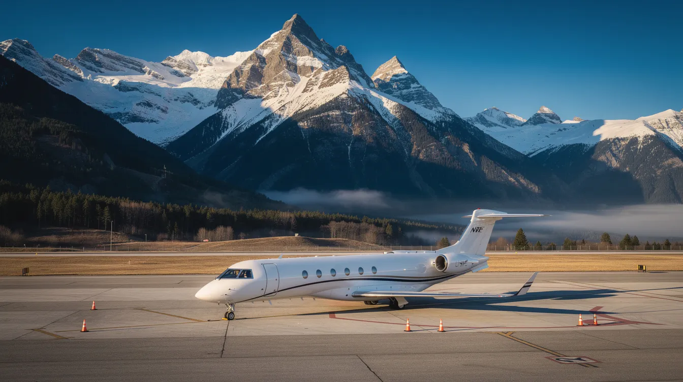 A private jet is parked on the tarmac of a small mountain airport, surrounded by stunning snow-capped peaks in the background, highlighting the luxury and convenience of private jet travel. This scene emphasizes the benefits of private jet charter services, offering seamless access to remote destinations.