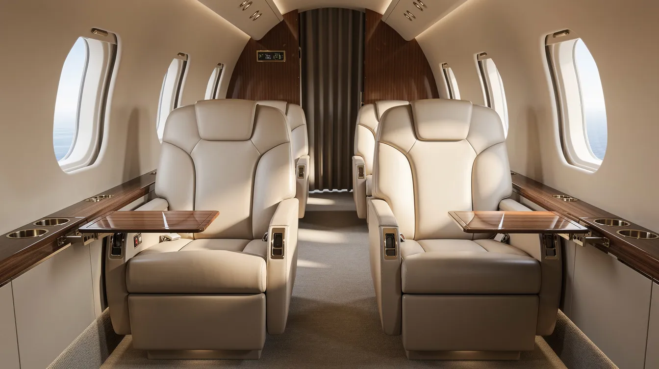 The image shows the interior of a private jet cabin featuring luxurious leather seats and ample natural light streaming through the windows, creating an inviting atmosphere for private air travel. This elegant setting highlights the comfort and exclusivity associated with private jet charter services.