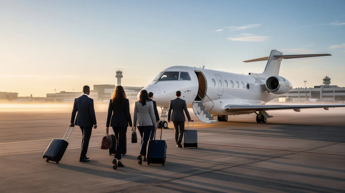 A group of business travelers is walking towards a private jet parked on the airport tarmac under a clear morning sky, ready to embark on their private air travel journey. The scene highlights the convenience and luxury of private jet charter, emphasizing the efficiency of flying privately for business purposes.