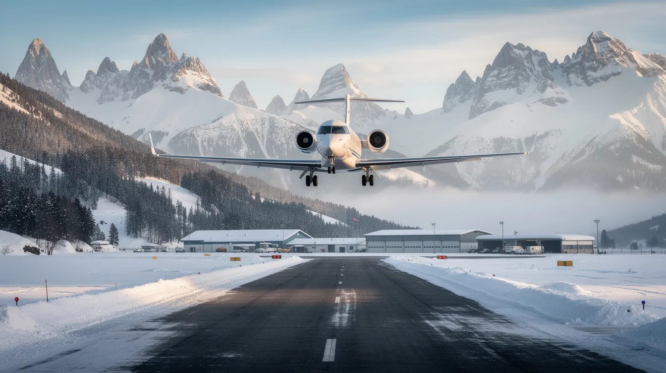 A small private jet is landing at a picturesque mountain airport, with towering snowy peaks in the background, highlighting the beauty of private aviation. This scene captures the essence of private jet travel, showcasing the convenience and luxury of flying to remote destinations.