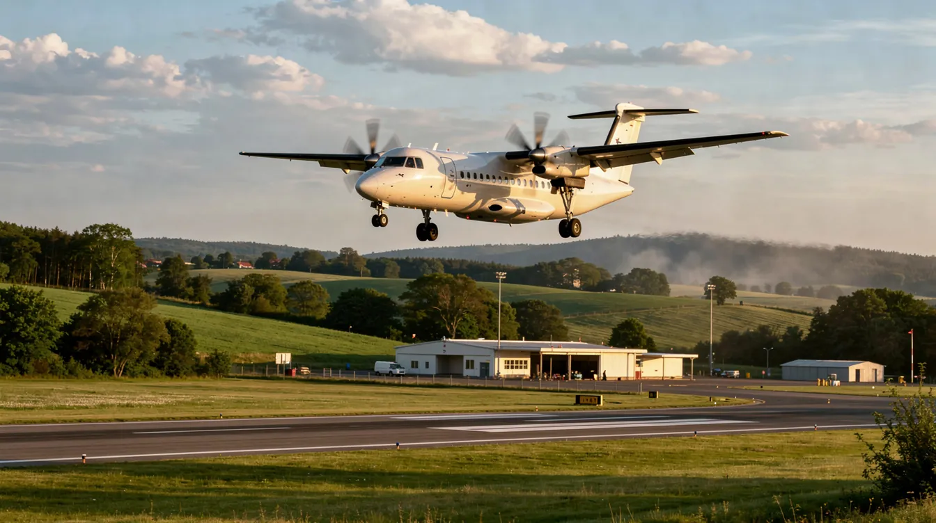 A turboprop aircraft is seen approaching for landing at a small regional airport, set against a backdrop of lush green landscapes. This scene captures the essence of private aviation, highlighting the accessibility and charm of charter flights in serene environments.