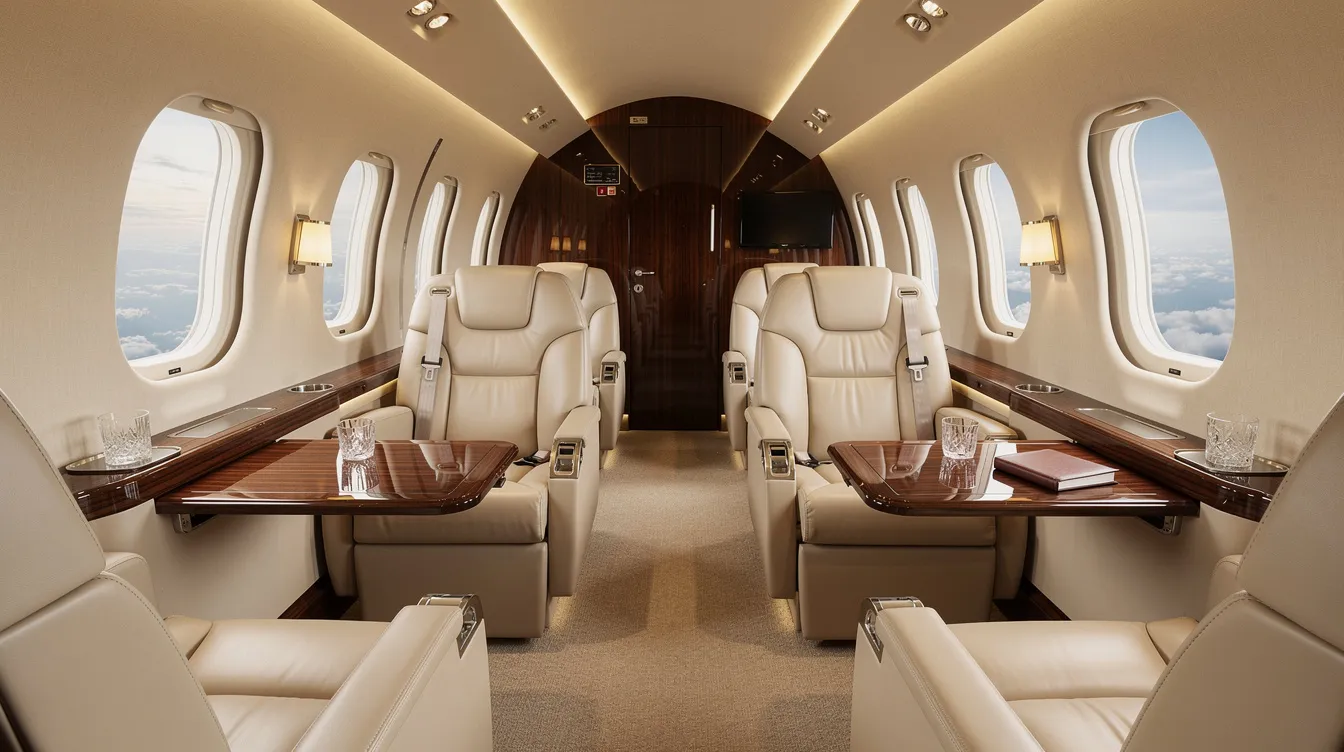 The image depicts the luxurious interior of a private jet cabin featuring cream leather seats and elegant wood trim accents, highlighting the comfort and sophistication associated with private aviation. This setting exemplifies the unparalleled luxury offered by top private jet companies, making it ideal for private jet travel and charter services.