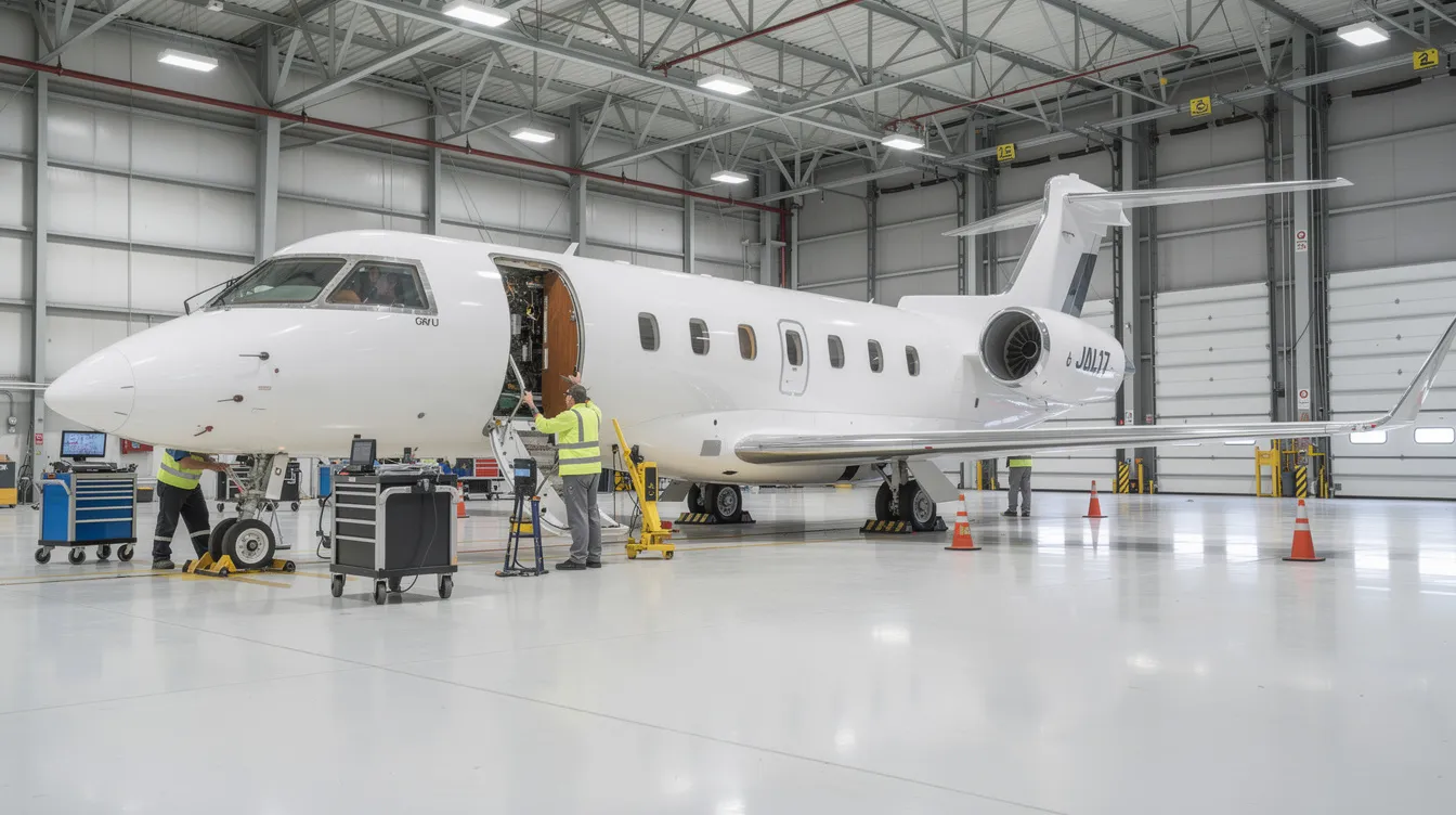 A private jet is being inspected inside a spacious, well-lit hangar, showcasing the meticulous maintenance required for luxury private jets. This scene highlights the importance of aircraft management and operational efficiency in the private aviation industry.