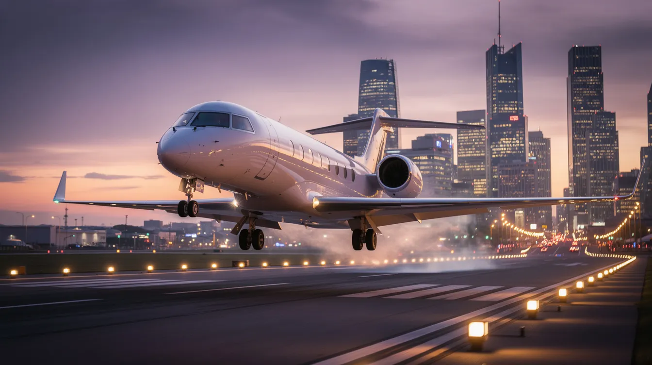 A sleek modern private jet is taking off from a runway at dusk, silhouetted against a backdrop of twinkling city lights. This scene captures the essence of private aviation, showcasing the luxury and efficiency of private jet flights as it ascends into the evening sky.