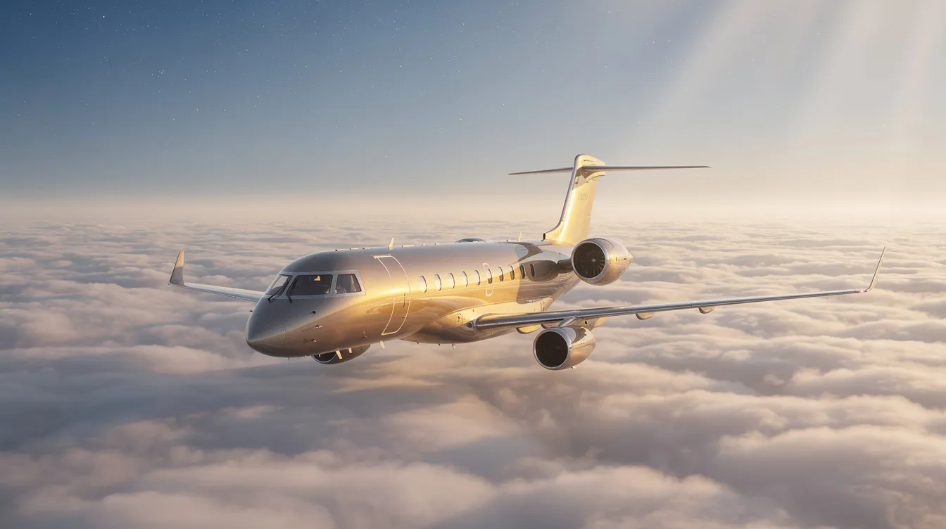 A large cabin business jet soars above a thick blanket of white clouds, illuminated by golden sunlight, showcasing the elegance of private aviation. This image captures the essence of luxury travel, often associated with the largest private jet companies and their commitment to personalized service.