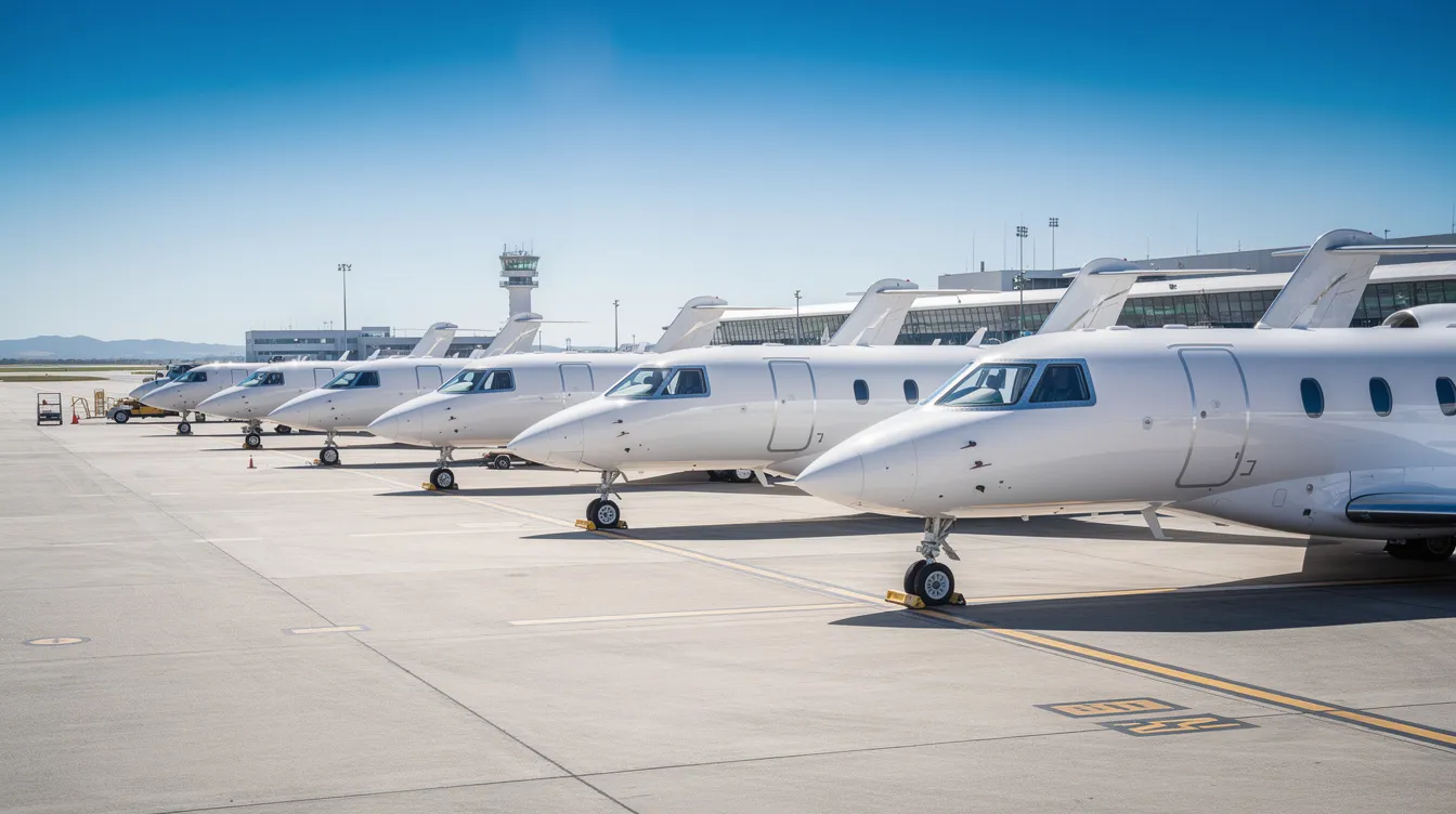 A row of sleek white private jets is parked on a sunny airport tarmac under a clear blue sky, showcasing the elegance of private aviation. This scene highlights the luxury of private flights, often utilized by aircraft owners and operated by the largest private jet companies.