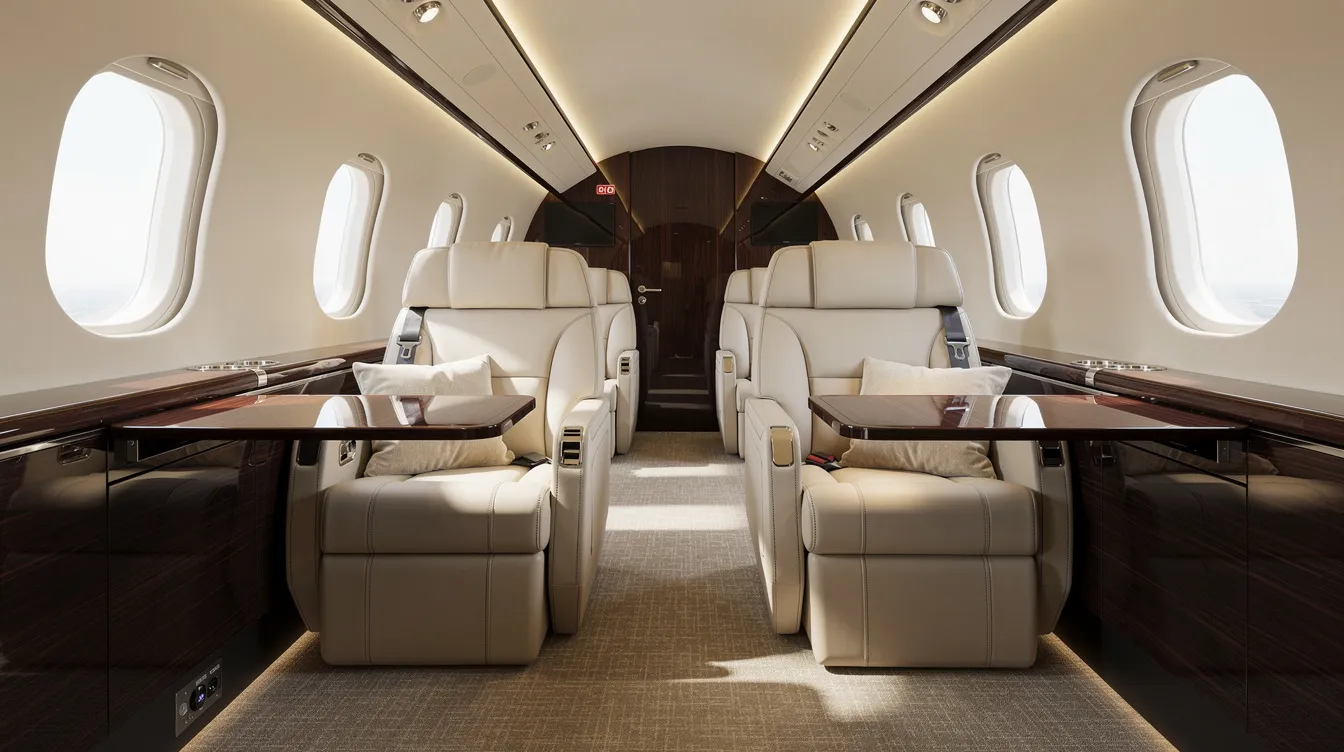 The image showcases the luxurious interior of a modern private jet cabin, featuring cream leather seats and polished wood accents, embodying the elegance of private aviation. This setting highlights the comfort and sophistication that clients can expect from one of the largest private jet companies.