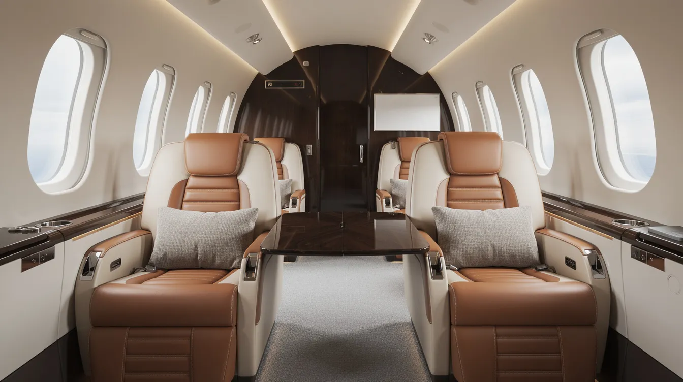 The image depicts the interior of a modern private jet cabin, featuring plush leather seats and soft ambient lighting, creating a luxurious atmosphere for private air travel. This elegant setting is ideal for business travelers seeking comfort and personalized service during their private jet flights.