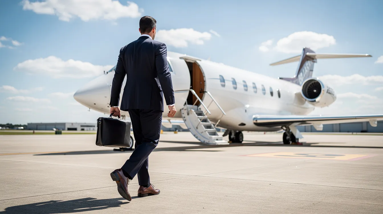A business executive confidently walks toward a sleek private jet on a sunny tarmac, representing the luxury of private air travel and the convenience of private flights. This scene captures the essence of personalized service and efficient access to the largest private jet companies for business travelers.
