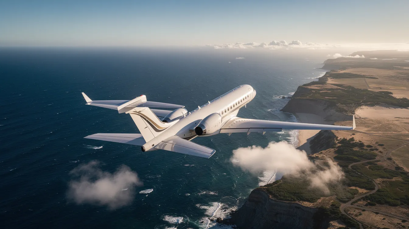 A sleek private jet soars high above a vast ocean coastline, showcasing the beauty of private air travel. This image captures the essence of luxury and freedom associated with private flights, highlighting the allure of flying privately over stunning landscapes.