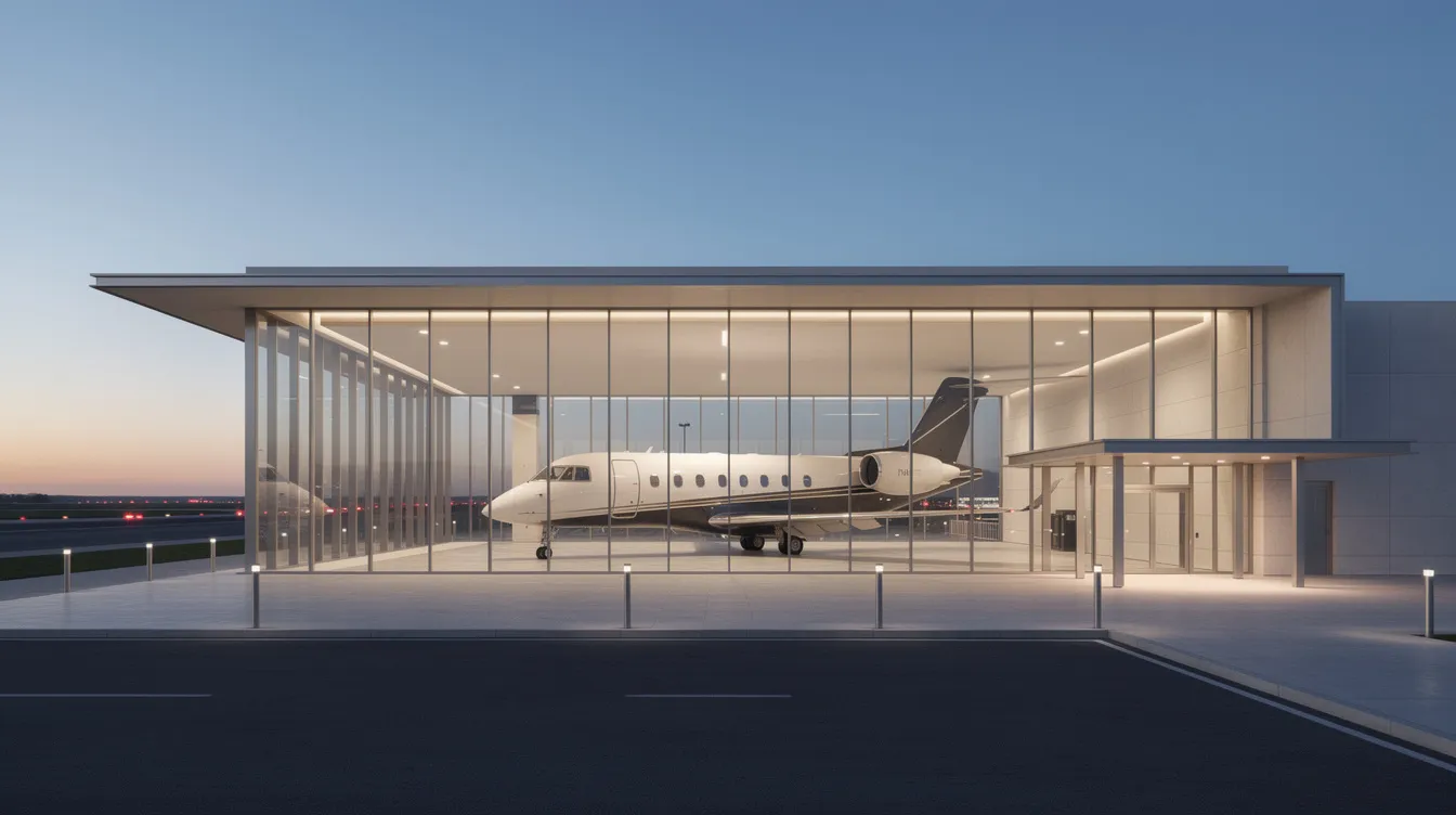 The image features a modern private aviation terminal with expansive glass windows, showcasing a sleek private jet parked outside, highlighting the luxury and efficiency of private jet travel. This terminal represents the growing private aviation industry, offering personalized services and charter flight options for private jet travelers.