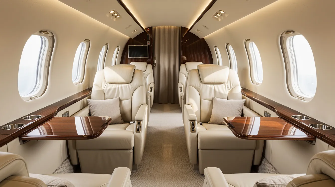 The image depicts the interior of a midsize private jet cabin featuring elegant cream leather seats complemented by rich wood trim, exemplifying the luxurious comfort associated with private aviation. This inviting space is designed for private jet travelers seeking personalized service and a premium flying experience.