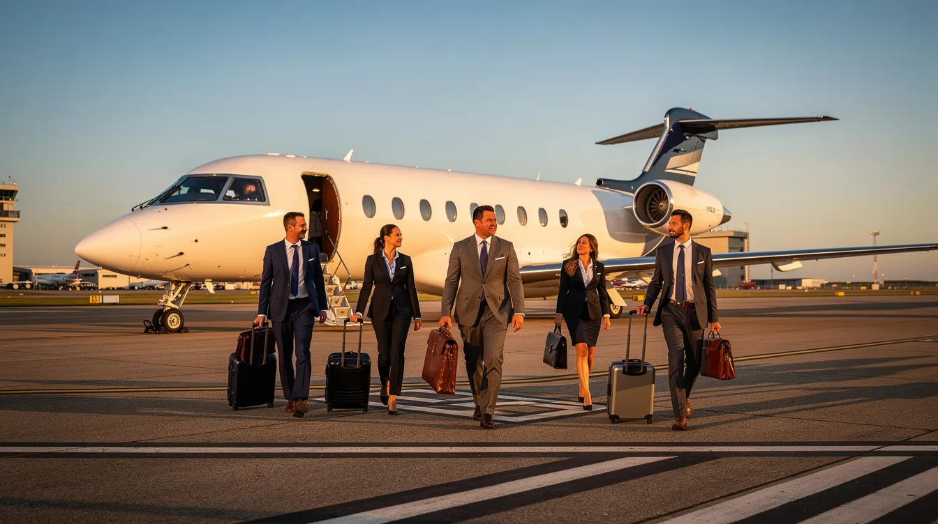 A group of business travelers is walking towards a private jet on a runway under a clear blue sky, showcasing the luxurious experience of private aviation. This scene highlights the convenience and personalized service offered by private jet companies for frequent flyers.