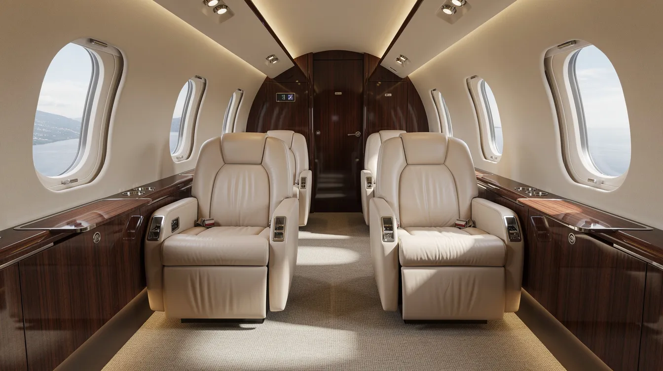 The image depicts the interior of a spacious midsize private jet cabin, featuring luxurious leather seats and elegant wood trim, ideal for both business and leisure travel. This private aircraft offers a comfortable and stylish environment for passengers, highlighting the exceptional service associated with private jet charter services.