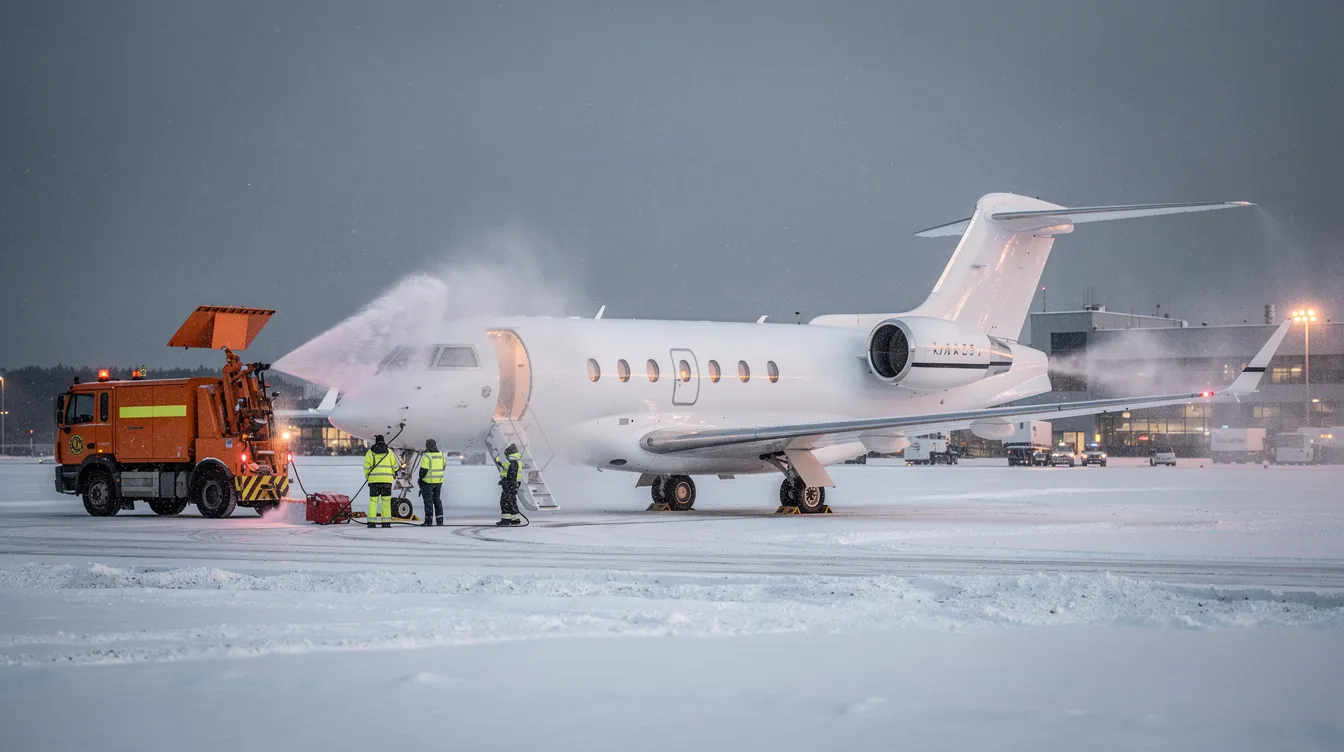 A private jet is being de-iced on a snowy winter airport runway, showcasing the meticulous care taken in private aviation to ensure safe travel. This scene highlights the importance of maintaining private aircraft, especially in challenging weather conditions, as part of the overall private jet charter services.
